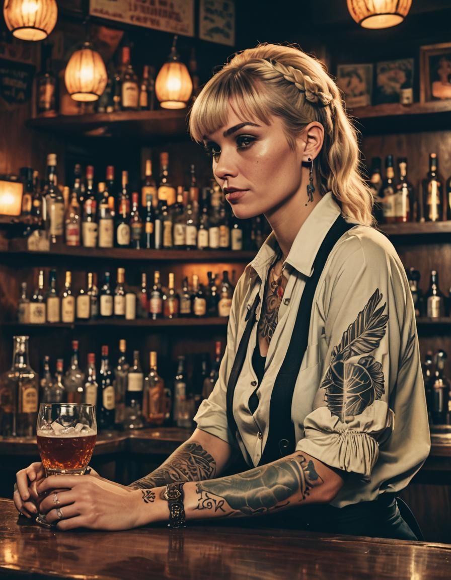 Cinematic Dive Bar Bartender Serving Whiskey