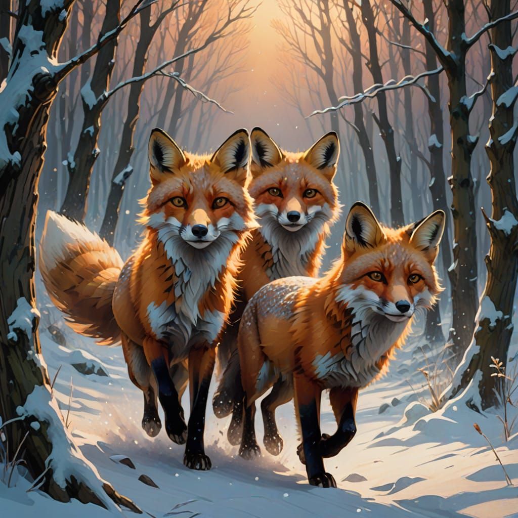 Surreal Winter Foxes in Mid-Air