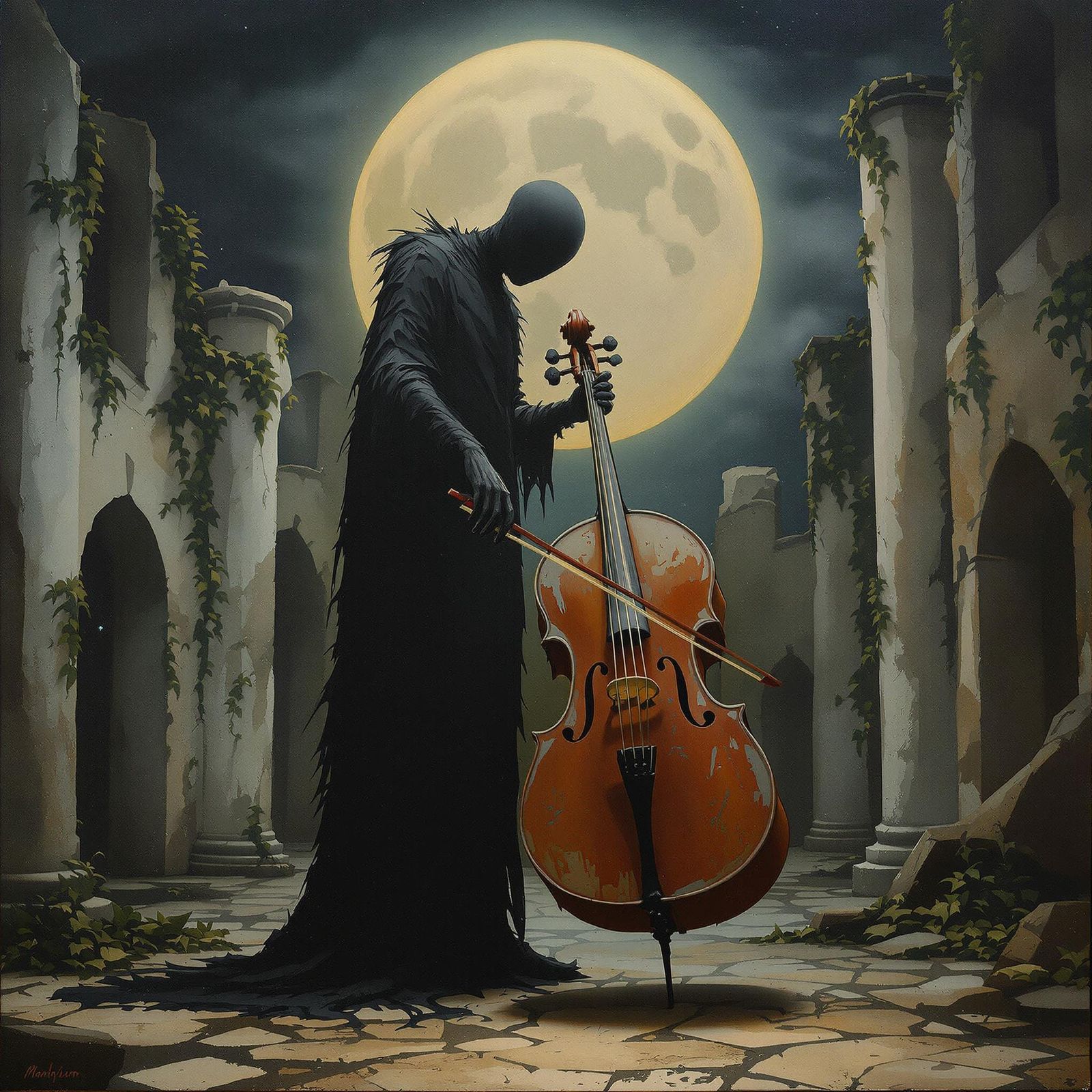 Androgynous Cello Player Under the Glowing Moon