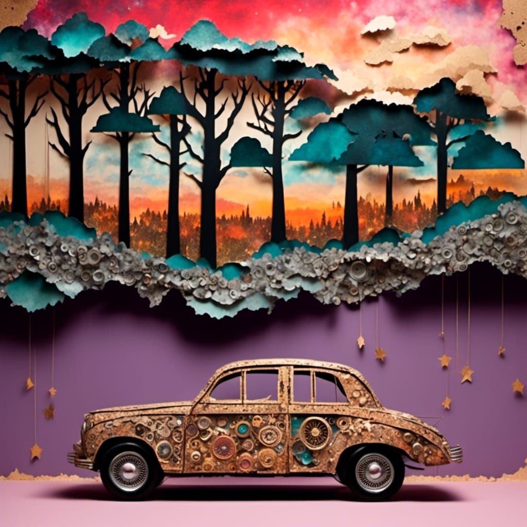 Cardboard Car in Retro Collage Landscape