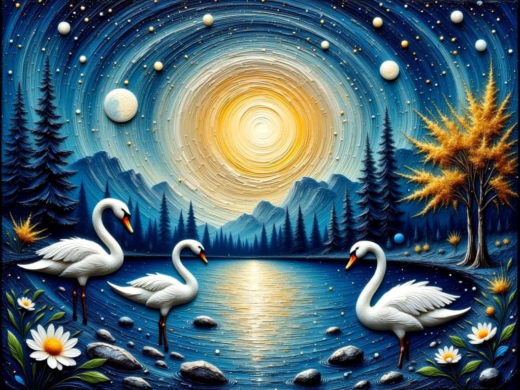 Moonlit Cosmic Lake Scene in Expressive Impasto Style