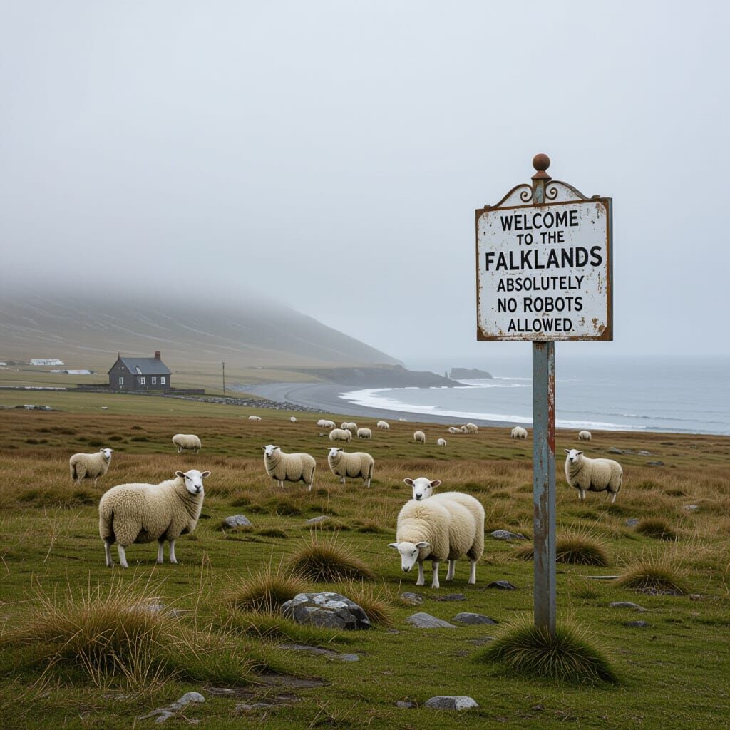 Foggy Falkland Islands Landscape with Victorian Sign