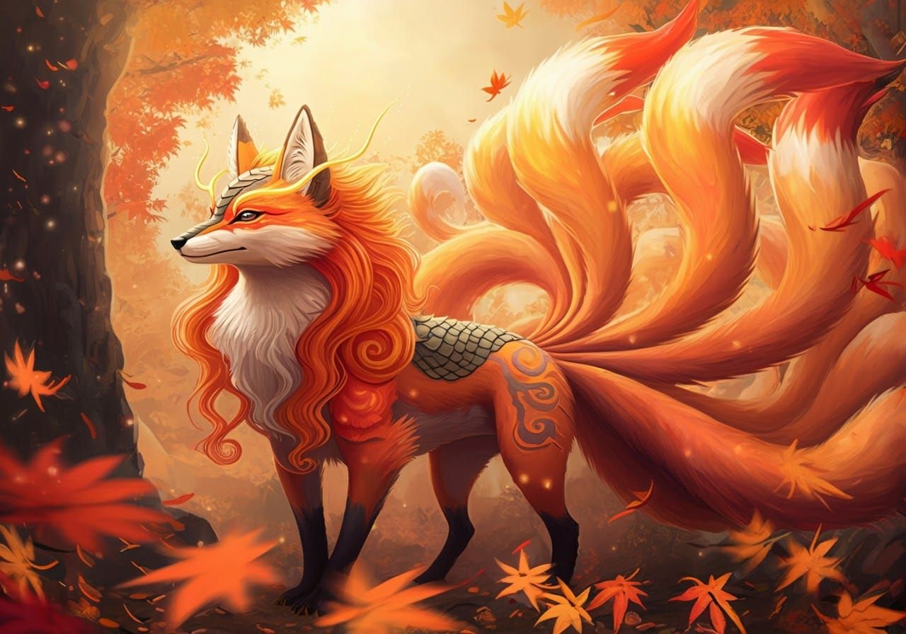 Majestic Fox Kirin with Autumn Leaves Mane