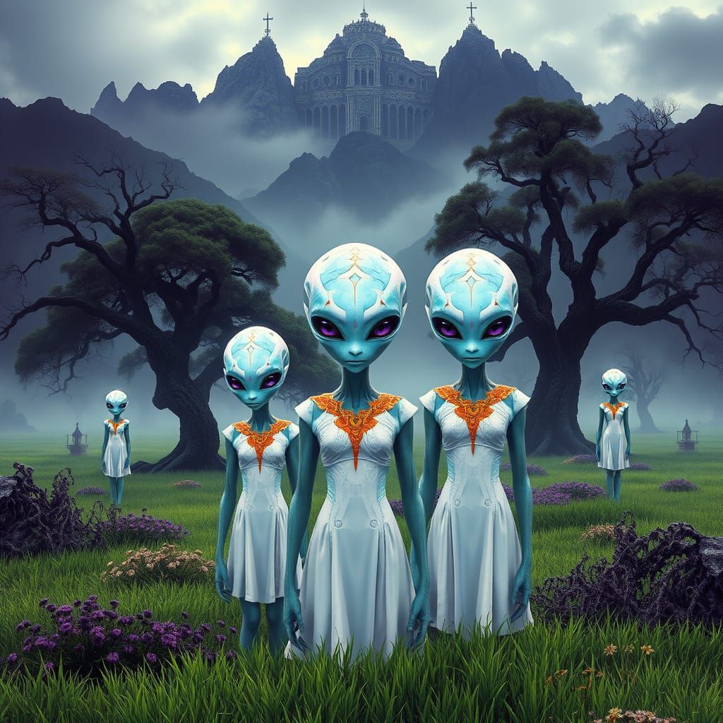 Ethereal Beings in Lush Landscape with Foggy Mountains