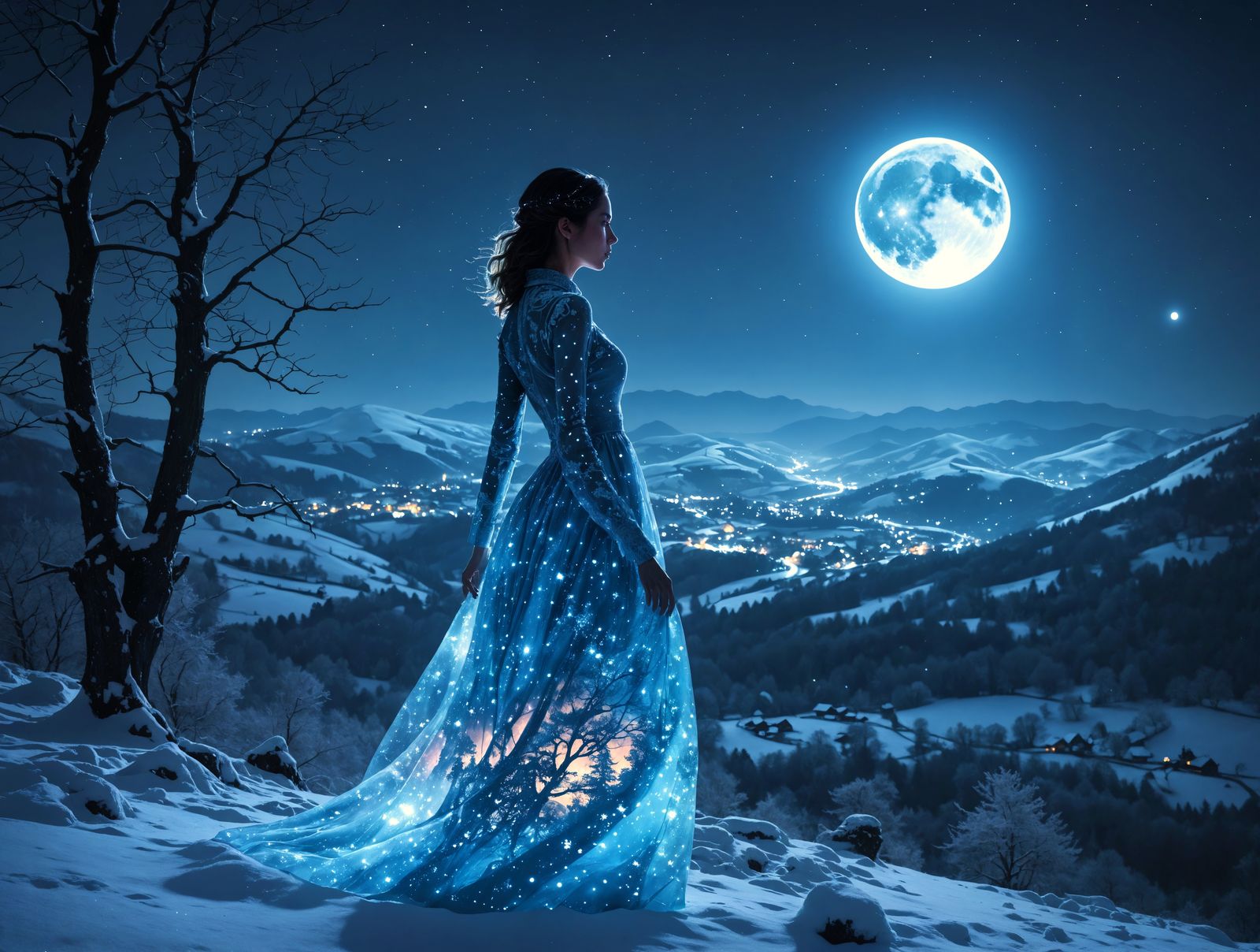 Enchanting Woman Amidst Snowy Country Valley Night