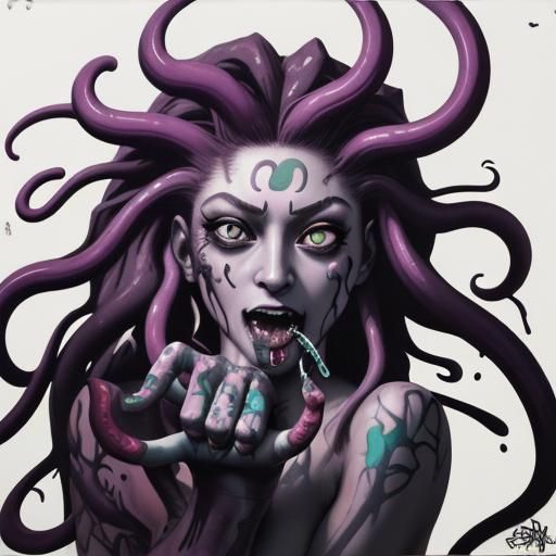 Medusa with Fangs in Graffiti Street Art Style
