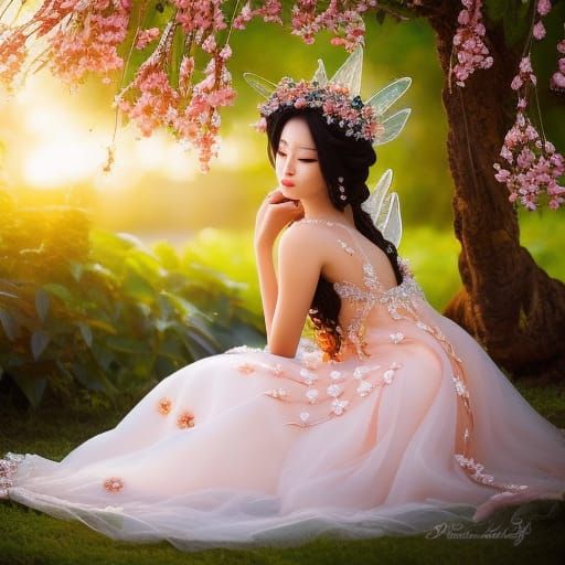 Peach Fairy in Orchard at Dawn