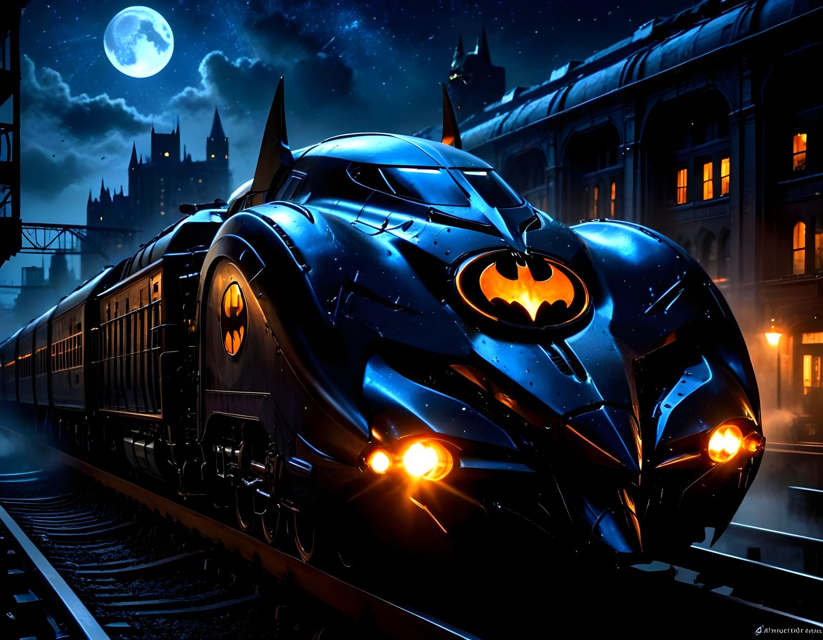 The Batman Train Cruises Through Gotham City Under Starry Sk...