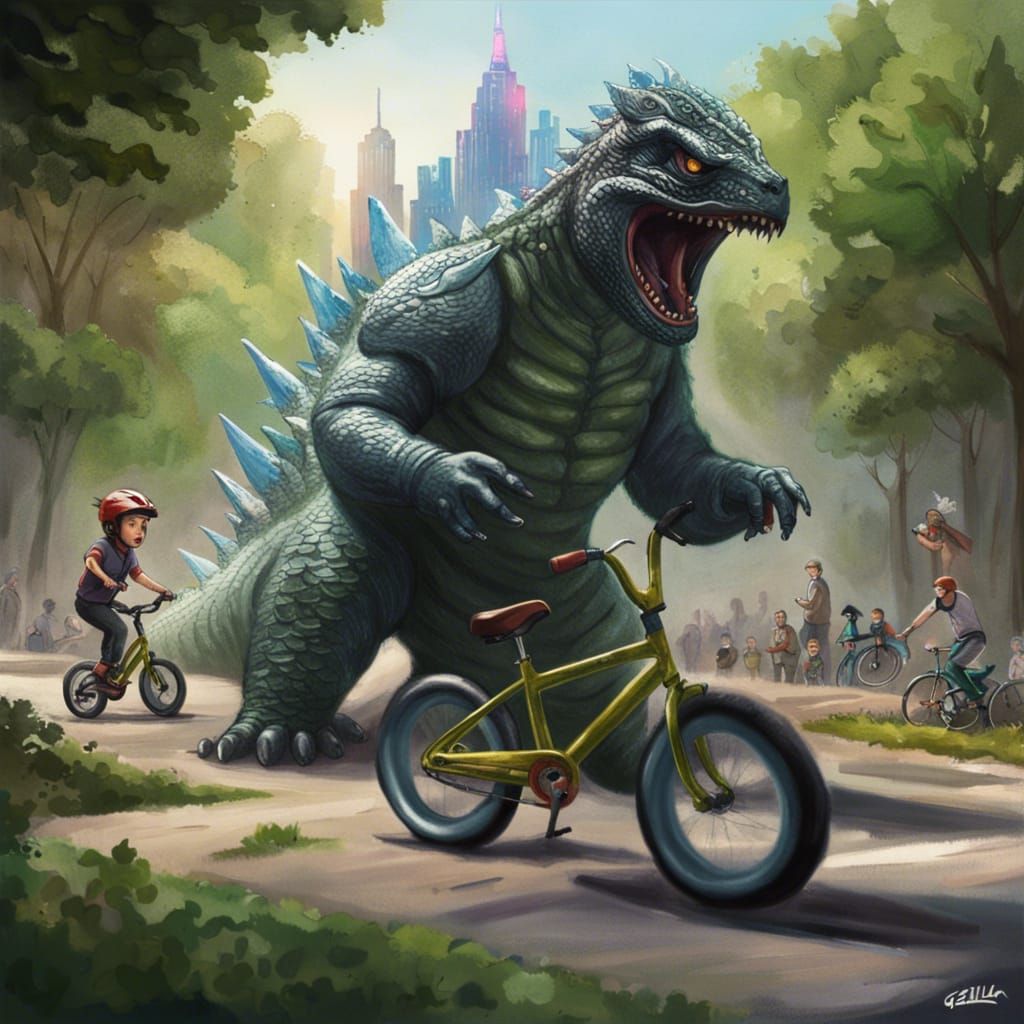 Godzilla Learns to Ride a Bike in Park