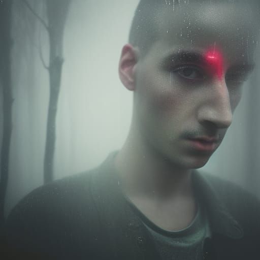 Neon Rain Portrait in Dark Forest