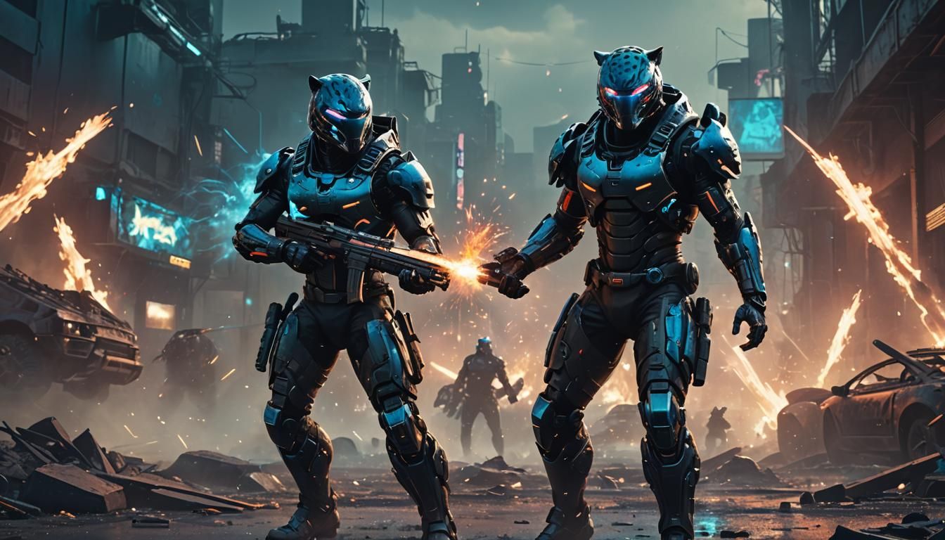 Cyberpunk Jaguar Hunter in War-Torn Landscape