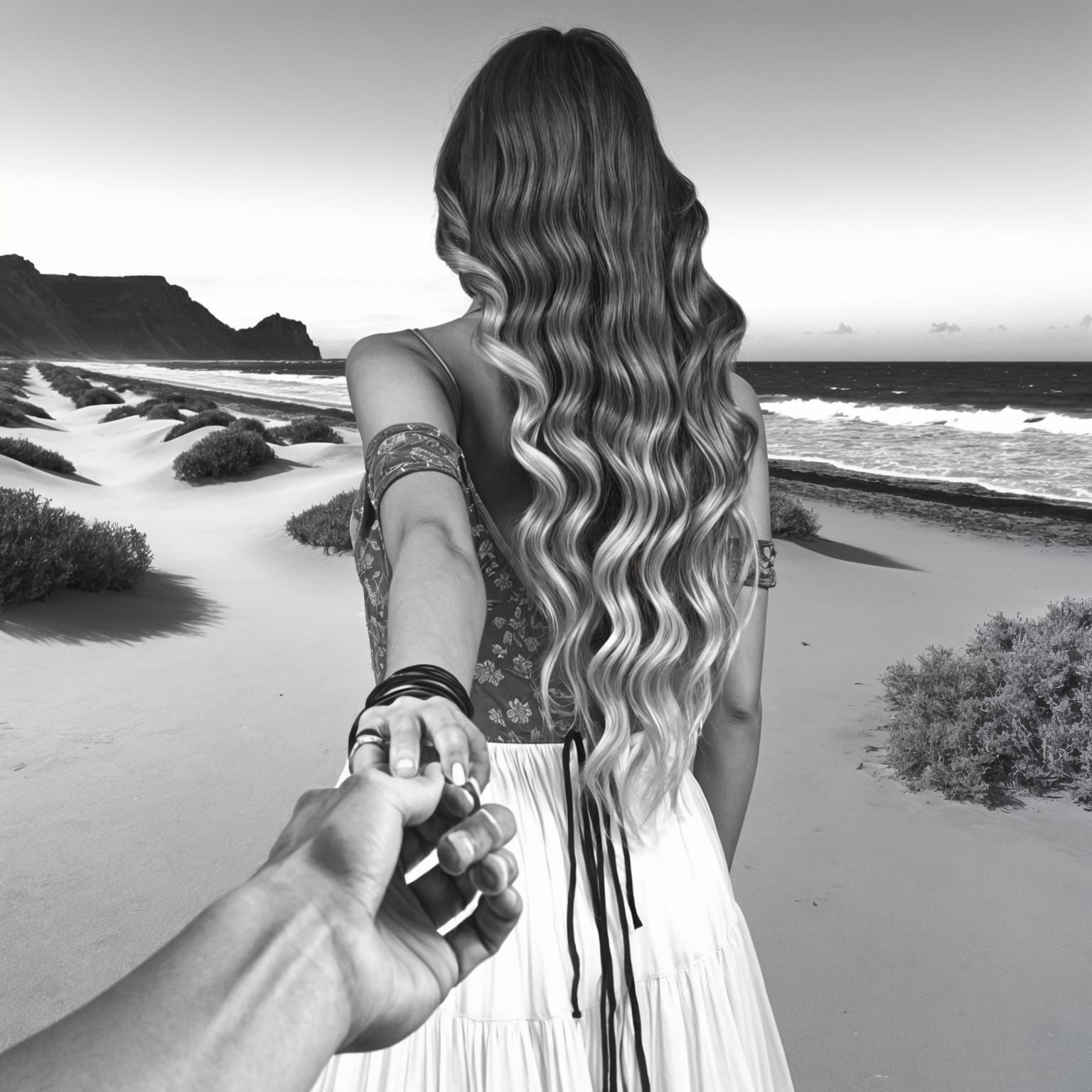Romantic Beach Stroll in Black and White