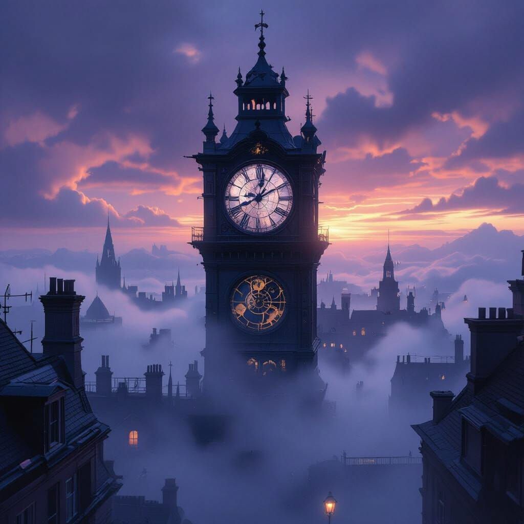 Ancient Clock Tower Over Foggy Victorian City