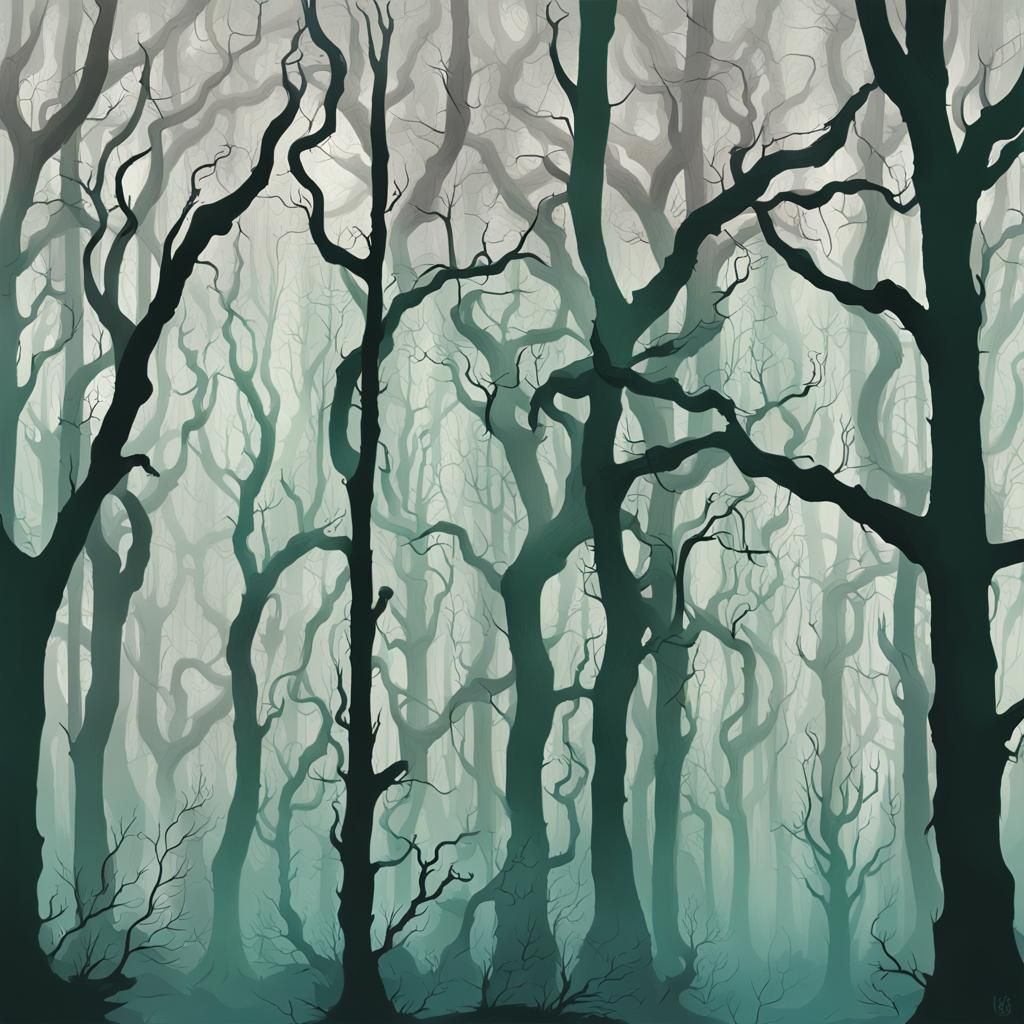 Eerie Mist-Shrouded Forest with Twisted Trees