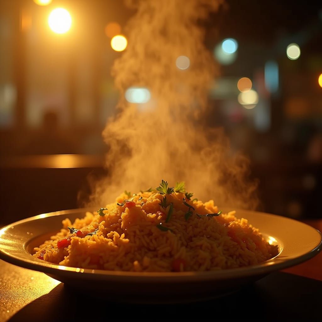 Cinematic Briyani Plate in Bustling Indian Restaurant