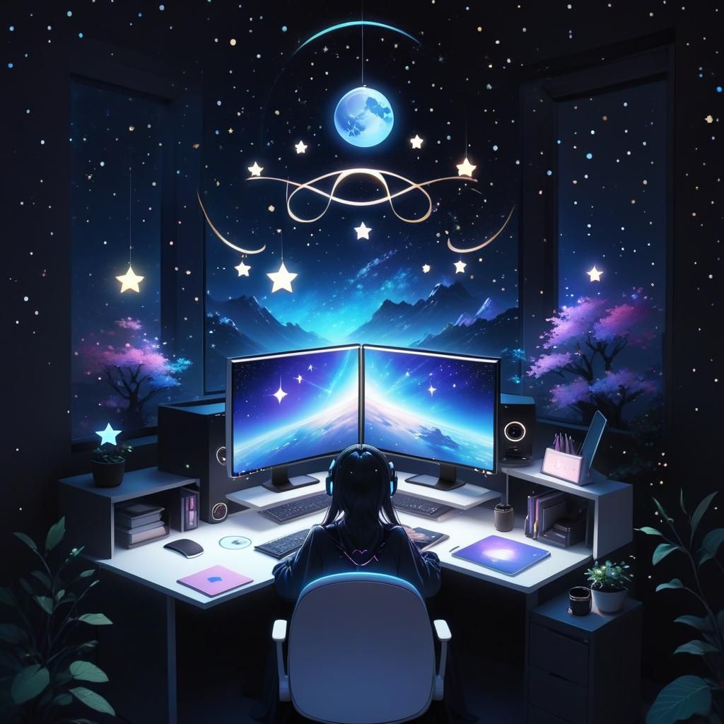 Cute Girl at Computer Desk in Fantasy Style