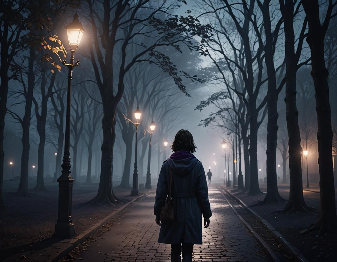 Woman Walks Footpath at Night in Cinematic Style