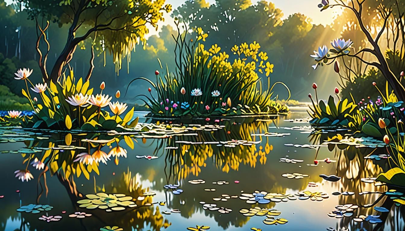Serene River Flows Through Lush Landscape as Oil Painting