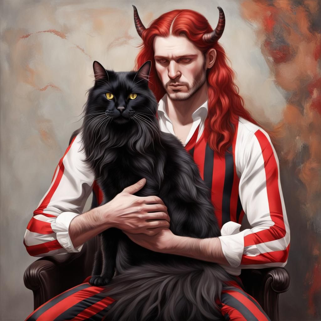 Demonic Man Pets Marbled Cat with Red Stripes