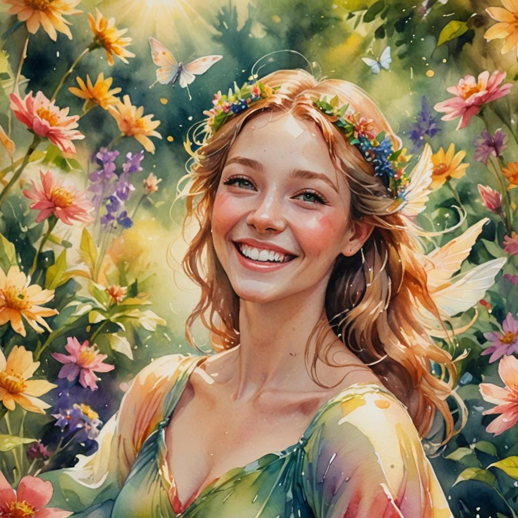 Smiling Fairy Woman in Watercolor Garden