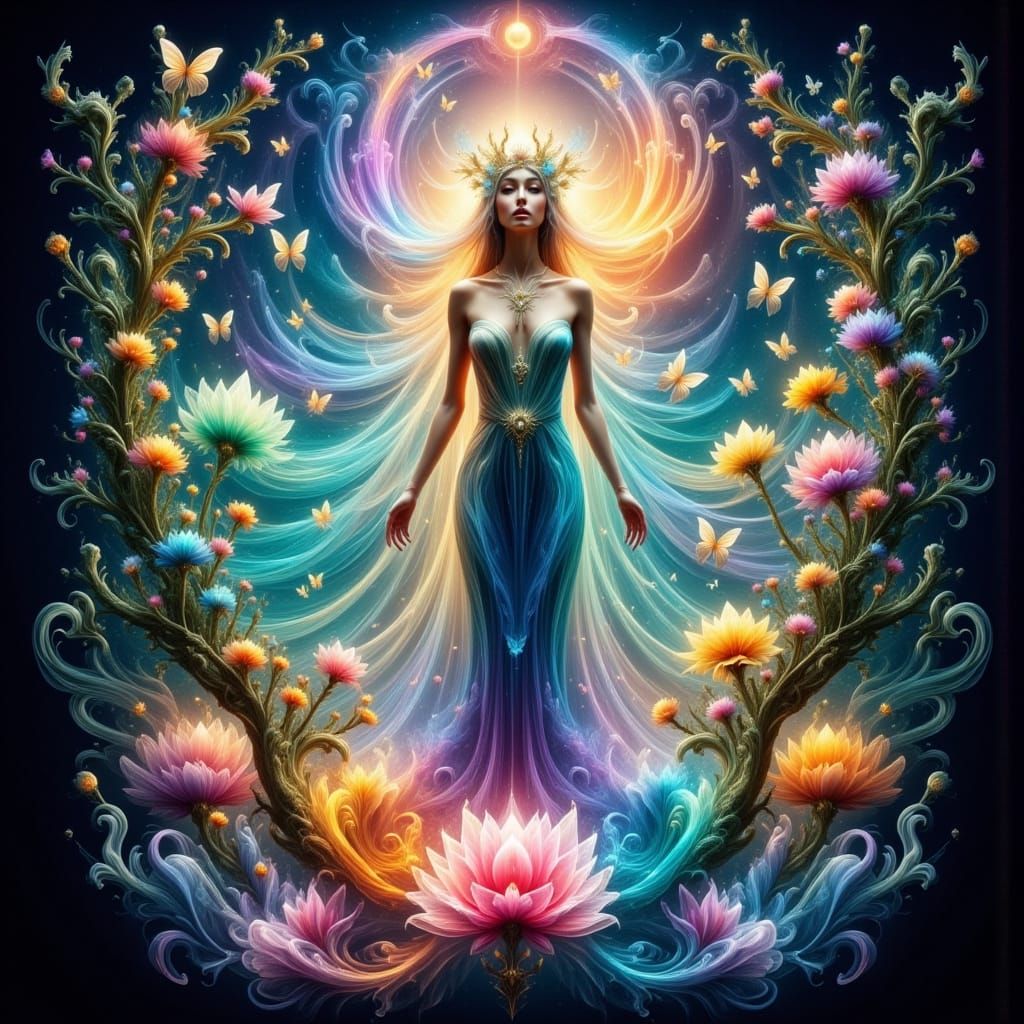 <lora:Abstract Reality:1.0> <lora:Ethereal Magic Flux:1.0> Create a breathtaking portrait of a femmenomenal figure — a r...