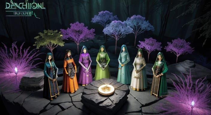 Surreal Aerial View of Women with Magical Artifacts