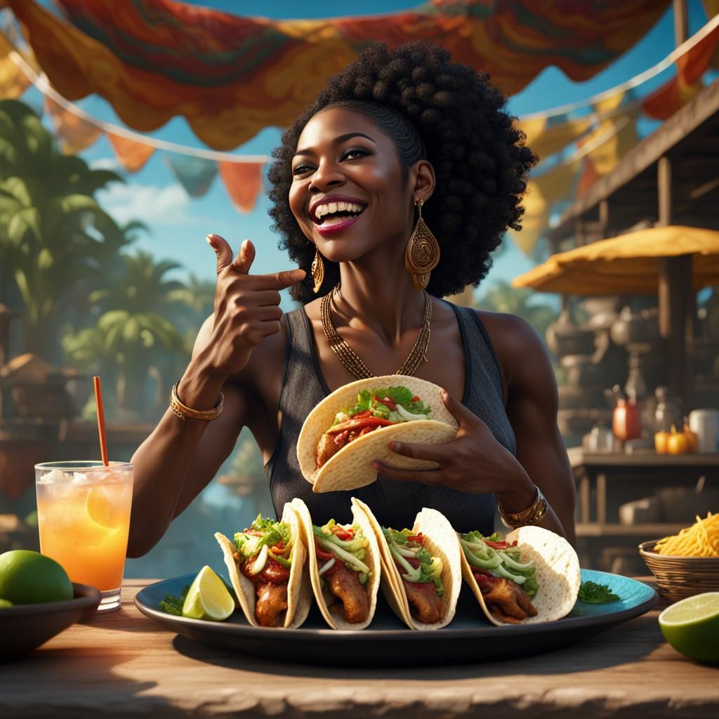Jamaican Woman Enjoys Fish Tacos: Fantasy Art