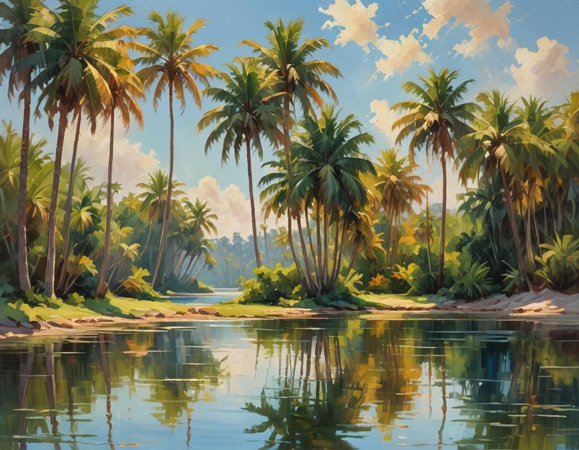 Oasis Palm Trees in Impressionist Style