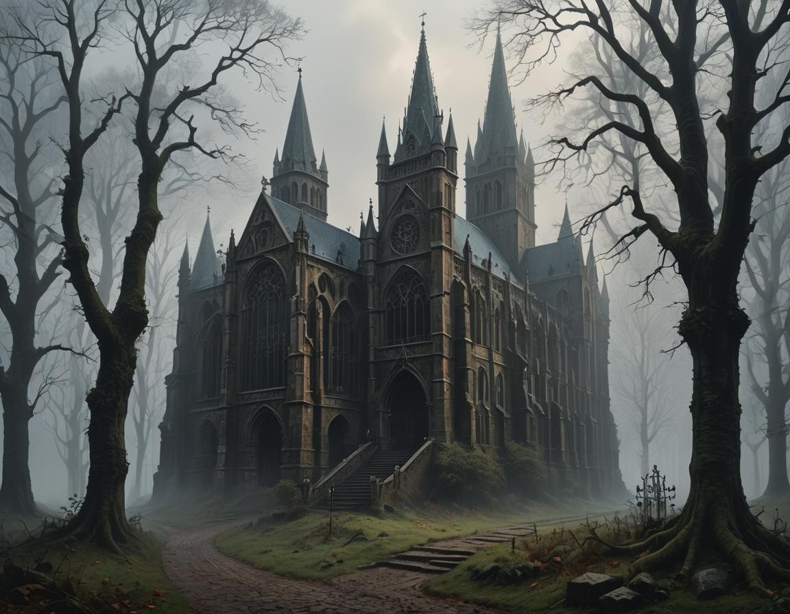Gothic Abbey in Fog, a Dark Mysterious Painting