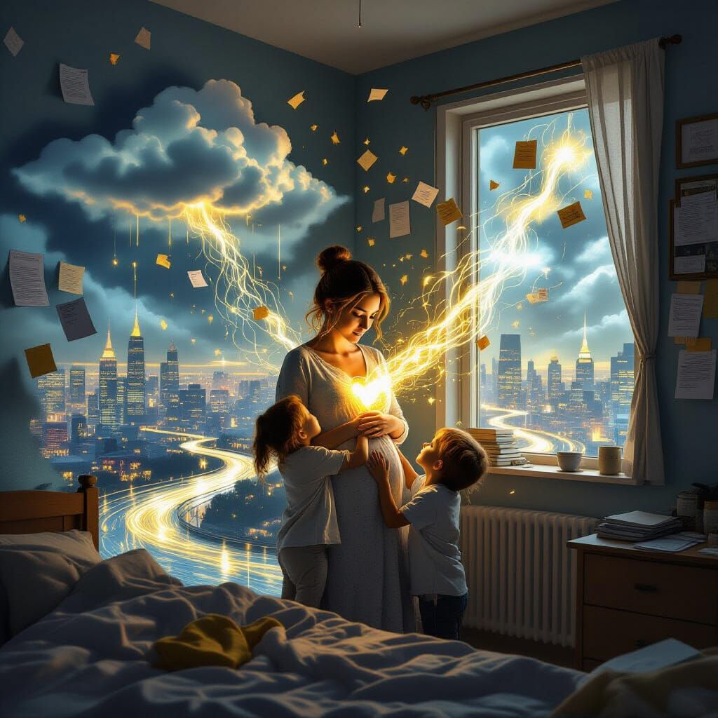 Mother's Strength in Surreal, Painterly Apartment