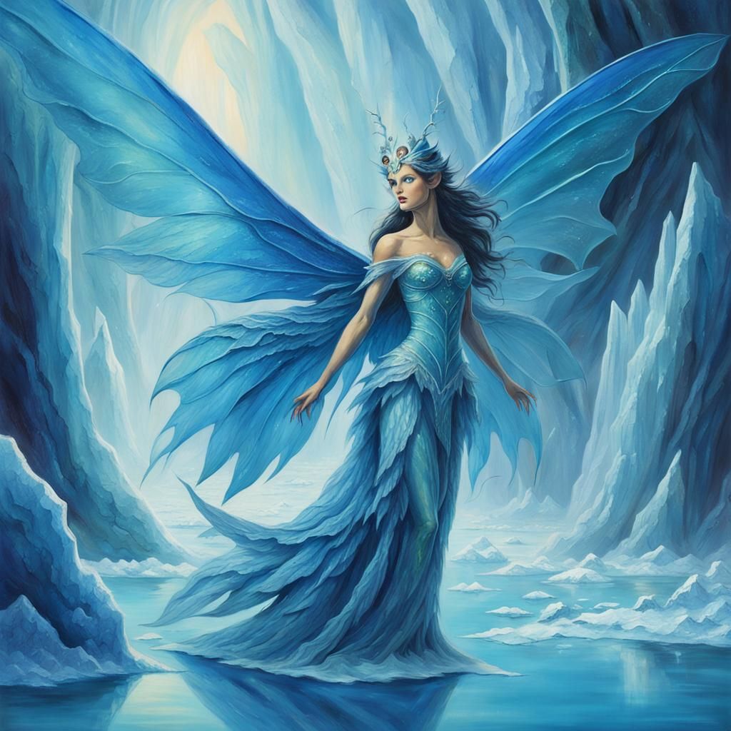 Blue Fairy with Iridescent Wings on Ice