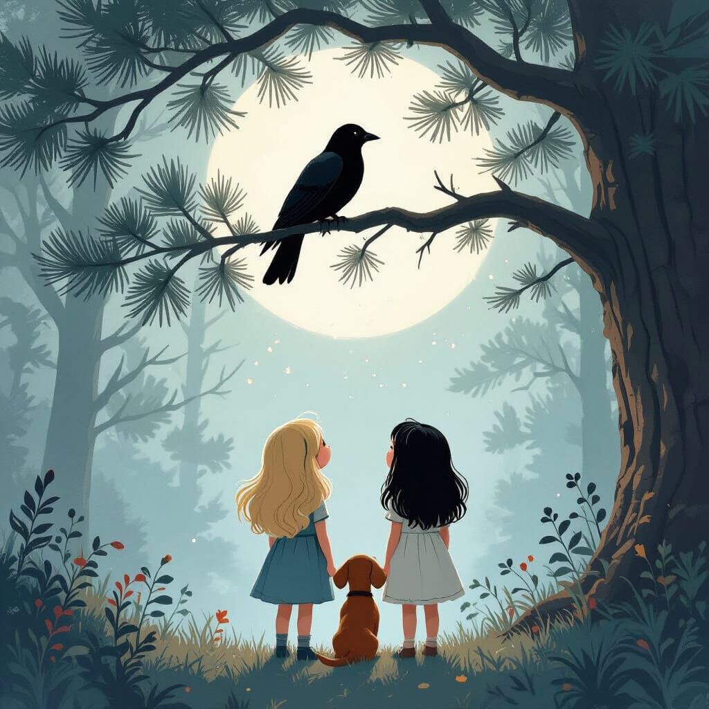 Girls and Dog in Enchanted Forest, Dreamy Ethereal Style