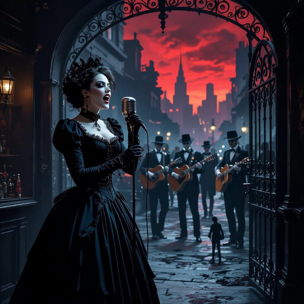 Goth Singer on Stage with Baroque Horror Band