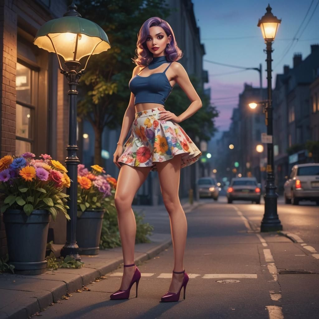 Cartoon Anthropomorphic, colourful, flowers, dressed in short skirts, stockings, crop tops and high heels, lounging on m...