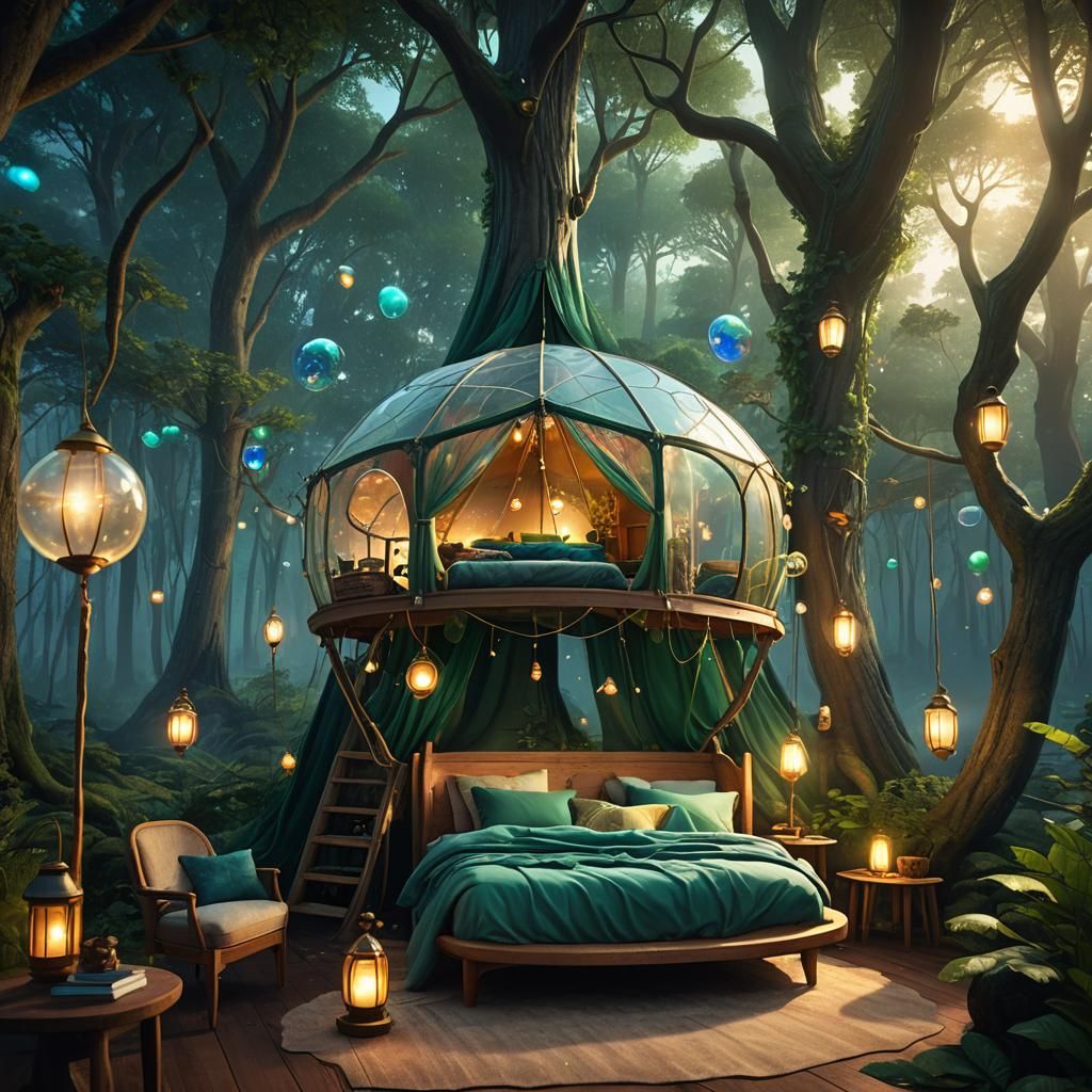 Lush Forest Treehouse with Glowing Bubble Tent