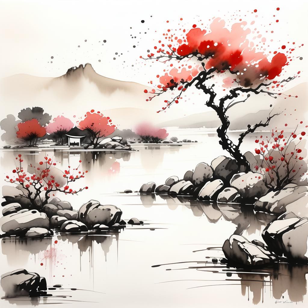 Sepia Ink Wash Landscape with Plum Trees