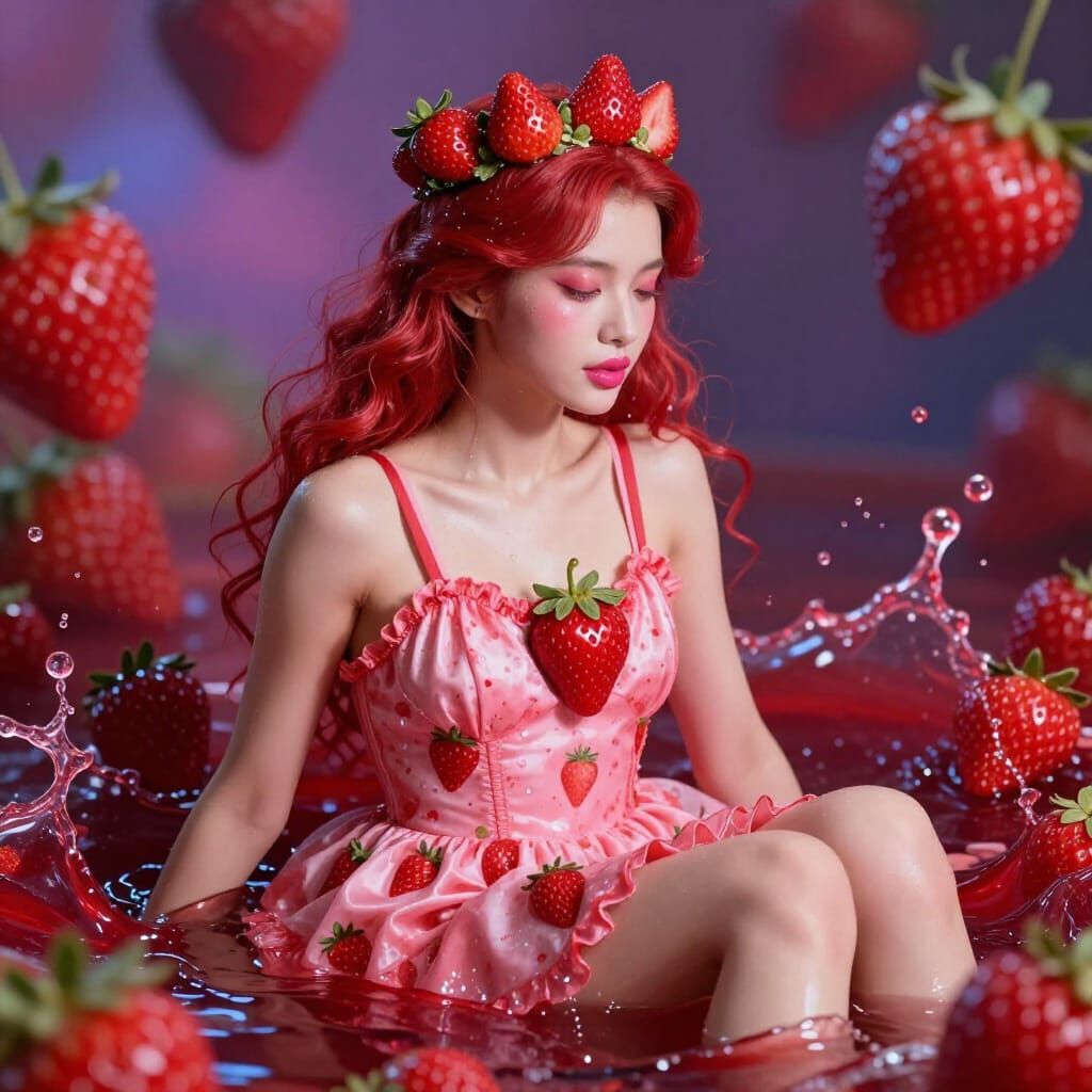 Hyperrealistic Lady in Strawberry Dress and Crown