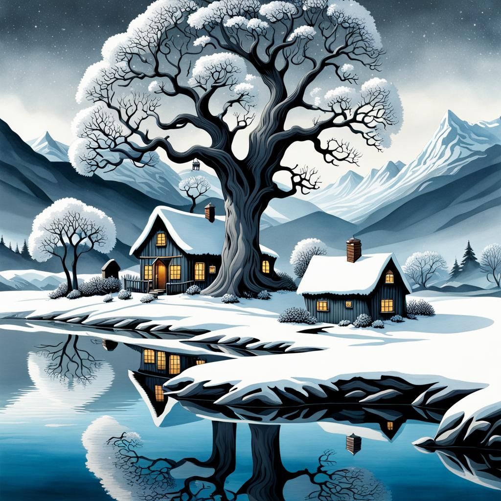 Winter Landscape Cottage: Digital Watercolor Illustration