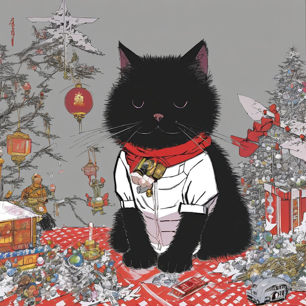 Anime Cat in Santa Hat Smokes a Cigarette, Surrounded by Chr...