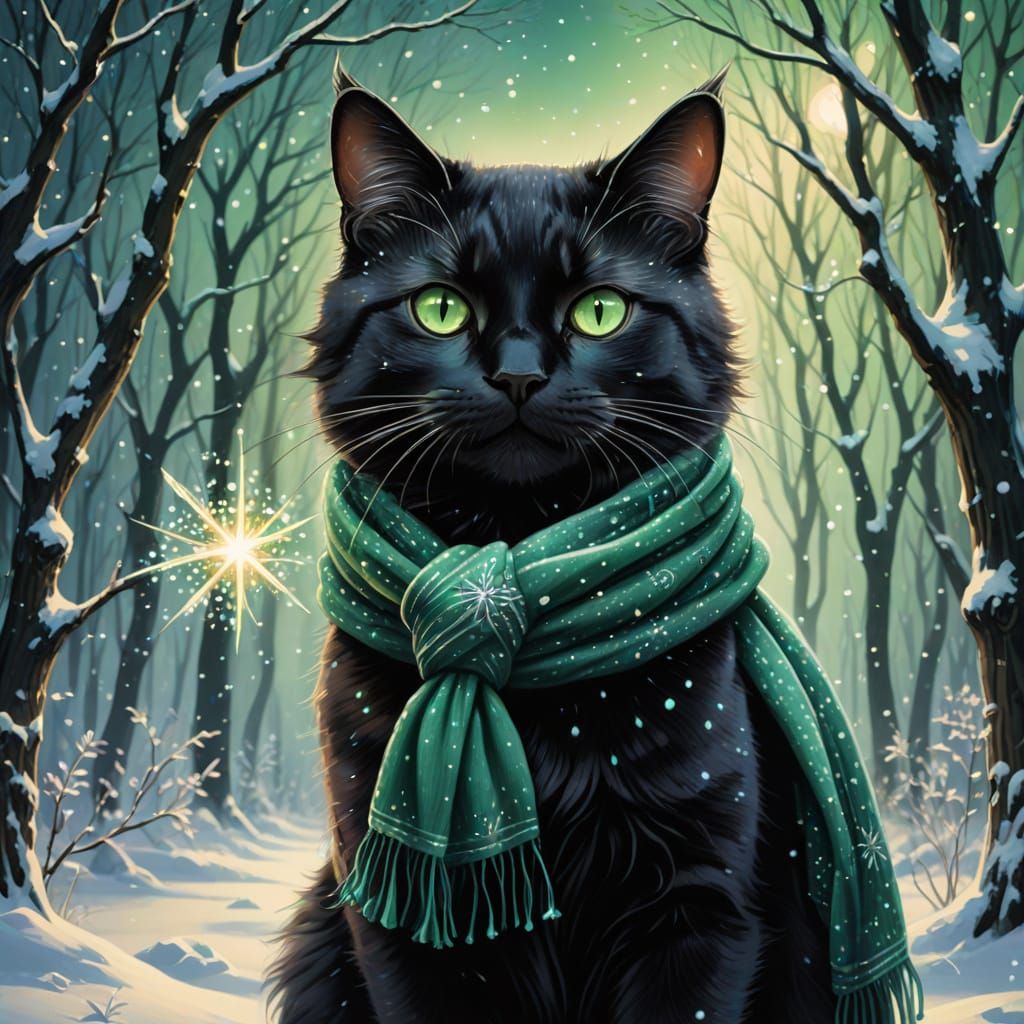 Magical Black Cat in Enchanted Winter Forest