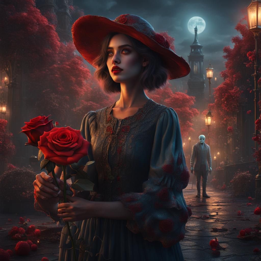 Girl Offers Rose to Ghost: Detailed Matte Painting
