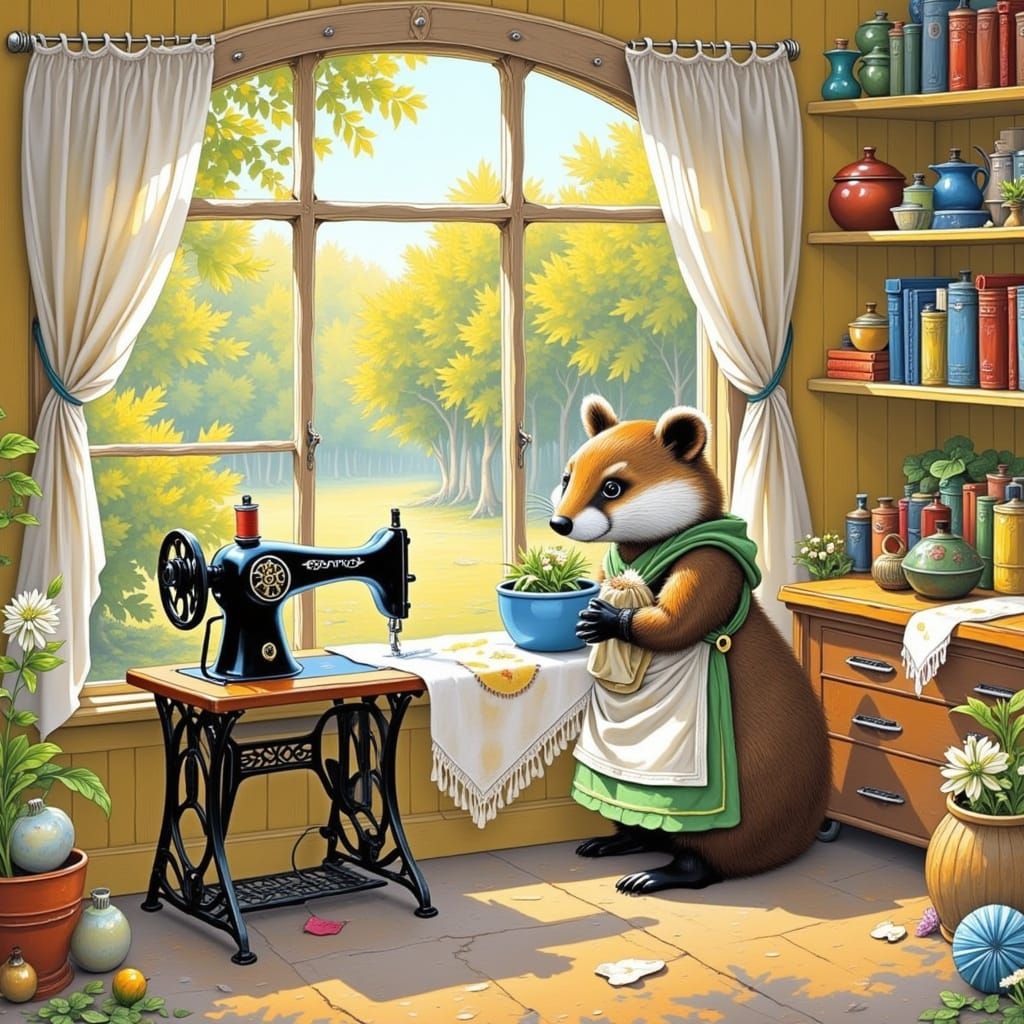 Badger Tailor Shop in Sun-Dappled Woodland