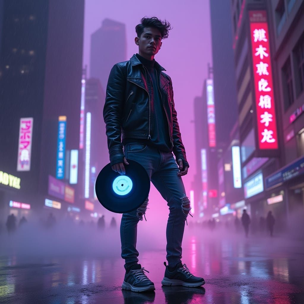 Futuristic Young Artist in Neon Cityscape, Inspired by Blade...