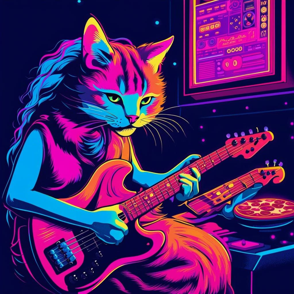 Surreal Synthwave Cat Concert with Bass Guitar