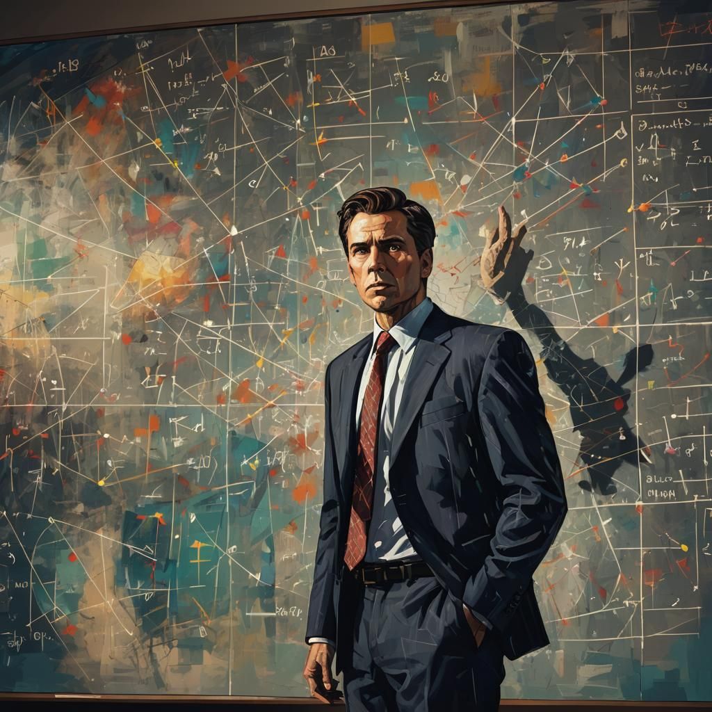 Puzzled Businessman Amidst Chaotic Equations in Graphic Nove...