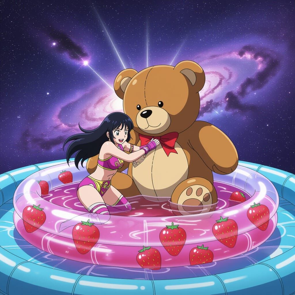 Anime Woman Fights Giant Teddy Bear in Jelly Pool