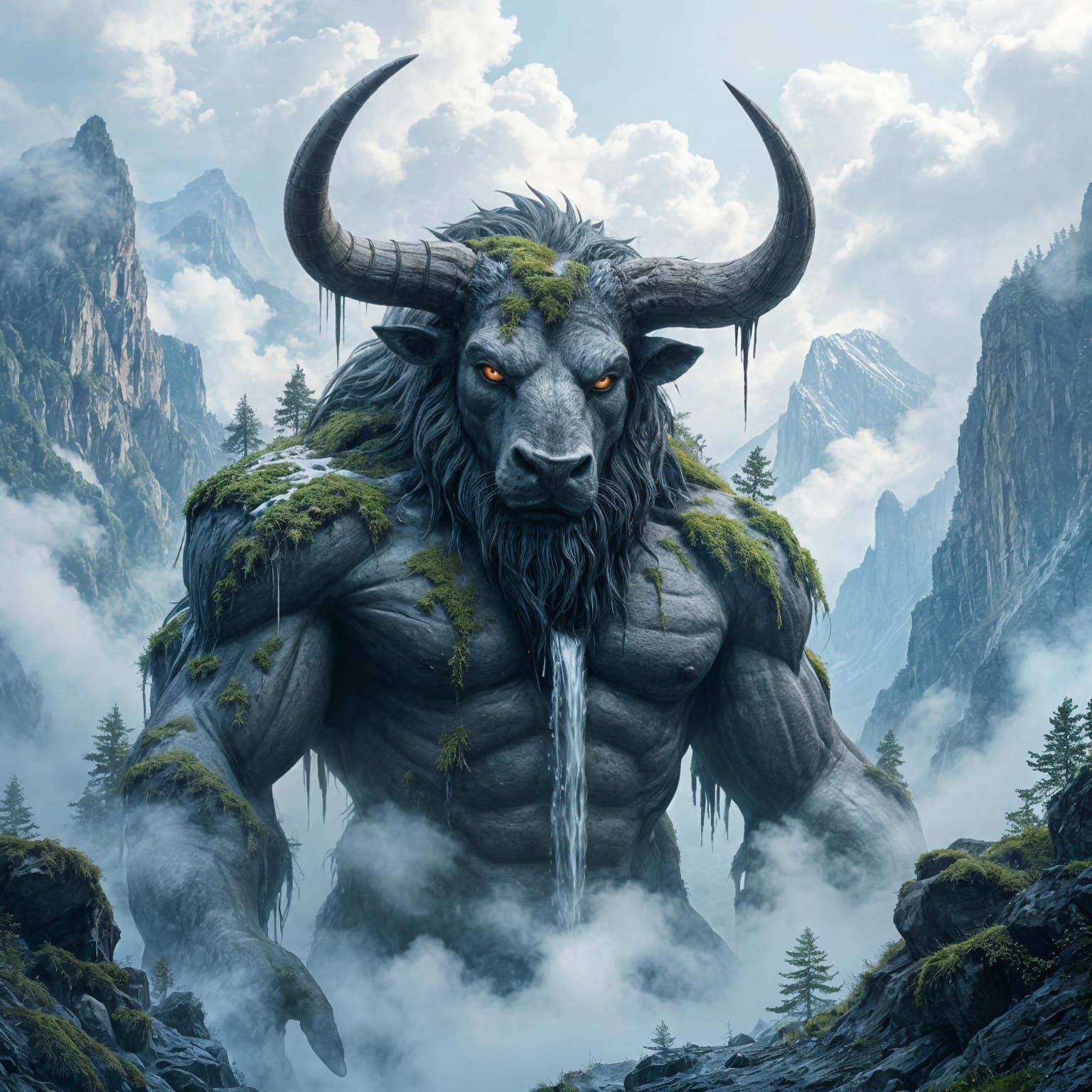 Colossal Stone Minotaur in Mountain Valley