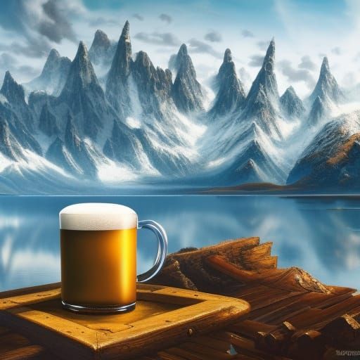 Icy Beer Mug with Snowy Mountain Backdrop