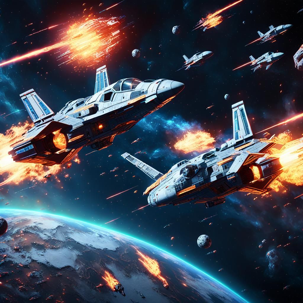 Spaceship Dogfight in Asteroid Field: Sci-Fi Action