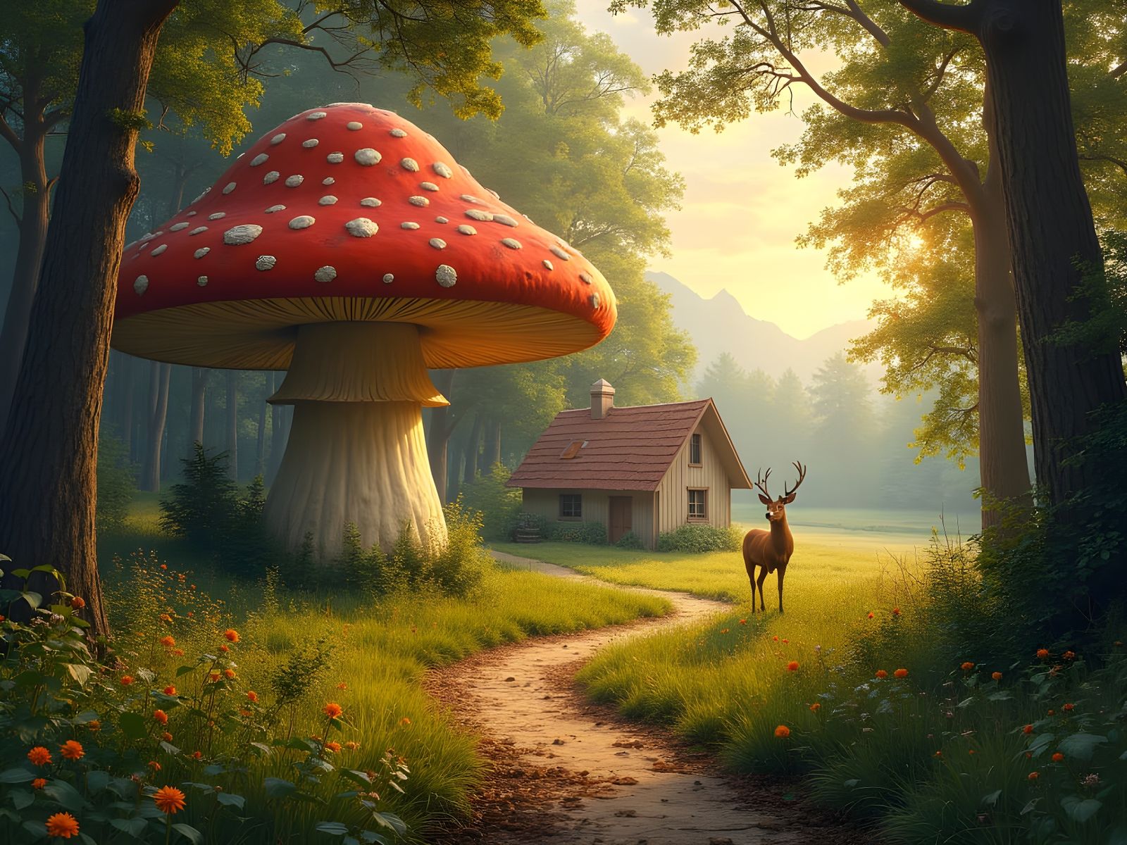 Mushroom Forest Path with Cottage, Golden Hour